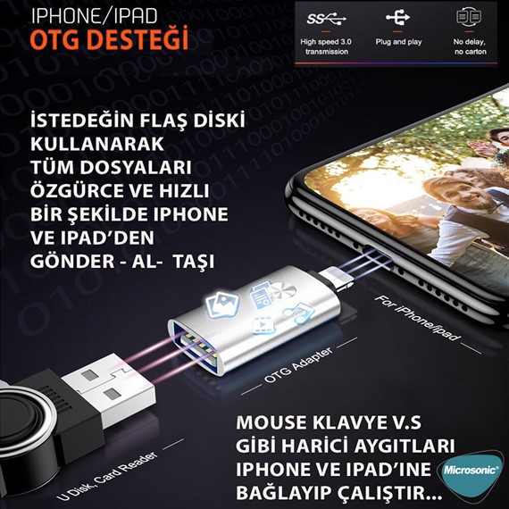 Microsonic Lightning to OTG Adapter Lightning iPhone iPad Dişi USB Dönüştürücü Adaptör Gri 3