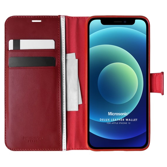 Microsonic Apple iPhone 12 Kılıf Delux Leather Wallet Kırmızı 1