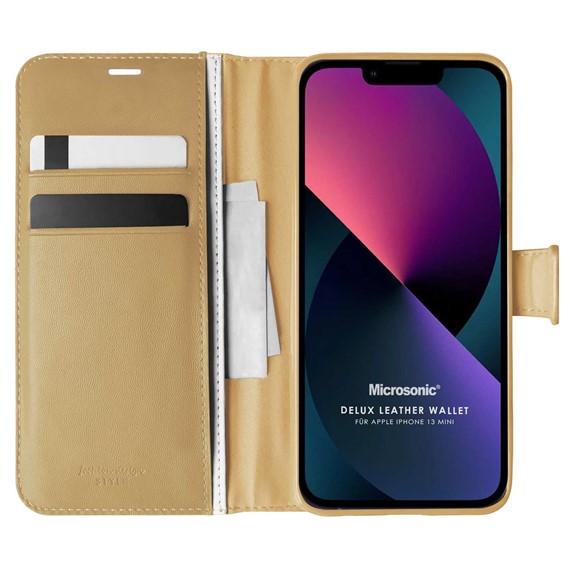 Microsonic Apple iPhone 13 Mini Kılıf Delux Leather Wallet Gold 1