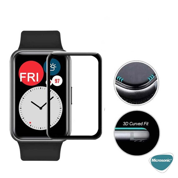 Microsonic Huawei Watch Fit Tam Kaplayan Temperli Cam Full Ekran Koruyucu Siyah 3