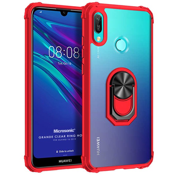 Microsonic Huawei Y6 2019 Kılıf Grande Clear Ring Holder Kırmızı 1