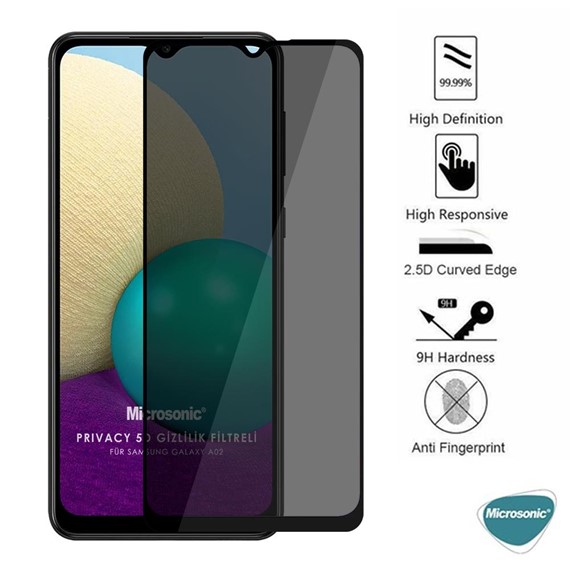 Microsonic Samsung Galaxy A02 Privacy 5D Gizlilik Filtreli Cam Ekran Koruyucu Siyah 3