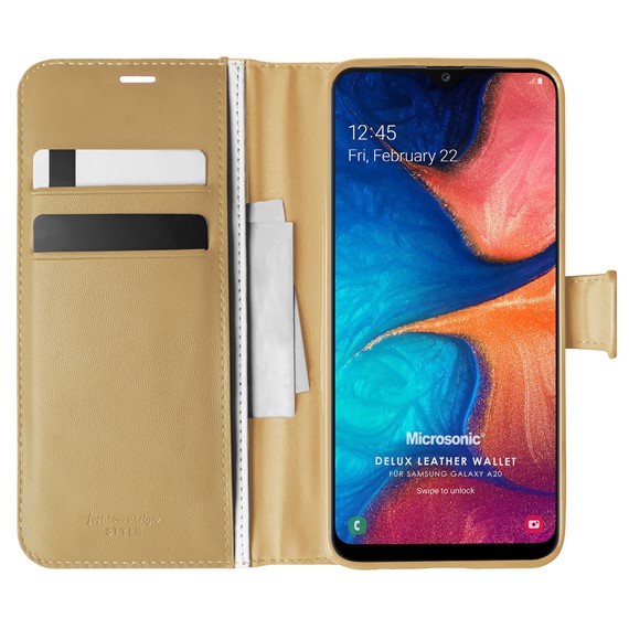 Microsonic Samsung Galaxy A20 Kılıf Delux Leather Wallet Gold 1
