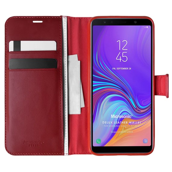 Microsonic Samsung Galaxy A7 2018 Kılıf Delux Leather Wallet Kırmızı 1