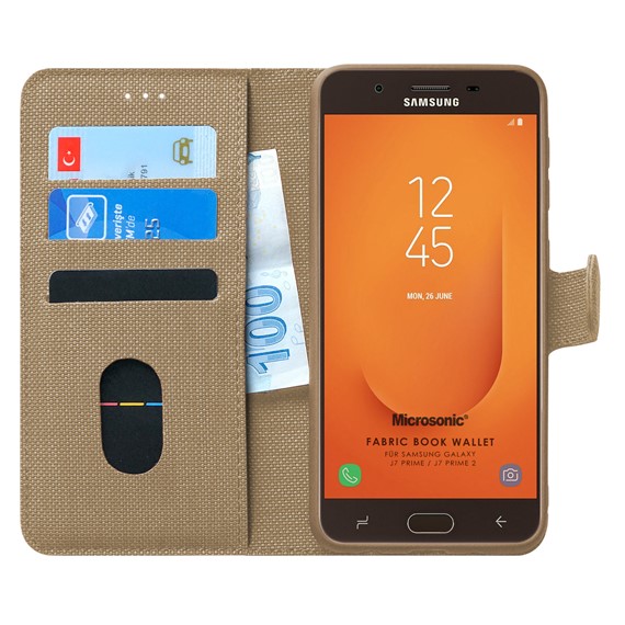 Microsonic Samsung Galaxy J7 Prime Kılıf Fabric Book Wallet Gold 1