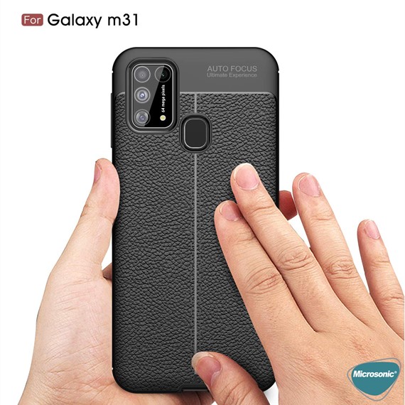 Microsonic Samsung Galaxy M31 Kılıf Deri Dokulu Silikon Siyah 5