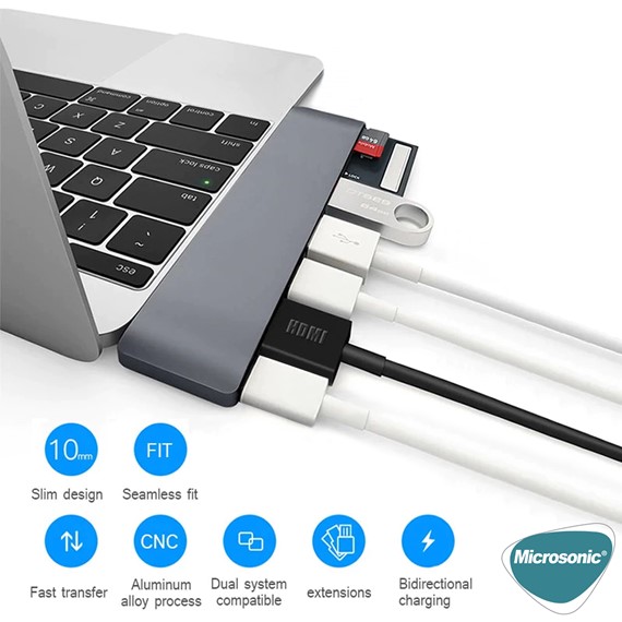 Microsonic Type-C to HDTV Multifunction Adapter 7 Port Macbook 4K HDMI USB SD Kart Dişi Typ-C Dönüştücü Adaptör Kablo Gri 3