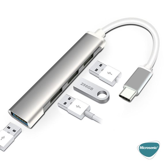 Microsonic Type-C to USB Hub 4 Port Female USB Type-C Dönüştürücü Adaptör Kablo Gri 3