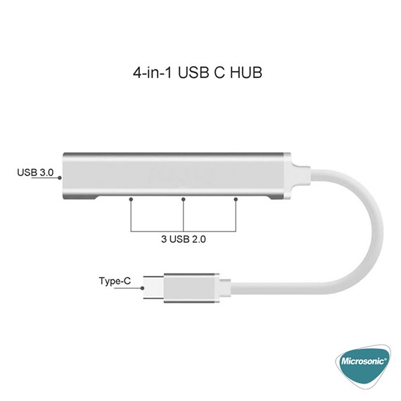 Microsonic Type-C to USB Hub 4 Port Female USB Type-C Dönüştürücü Adaptör Kablo Gri 6