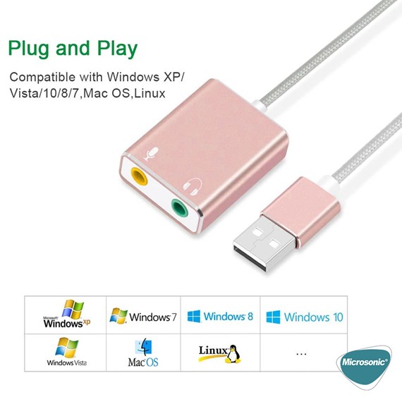 Microsonic USB Sound Card Kablo USB to 3 5mm Kulaklık ve Mikrofon Çevirici Adaptör Rose Gold 5