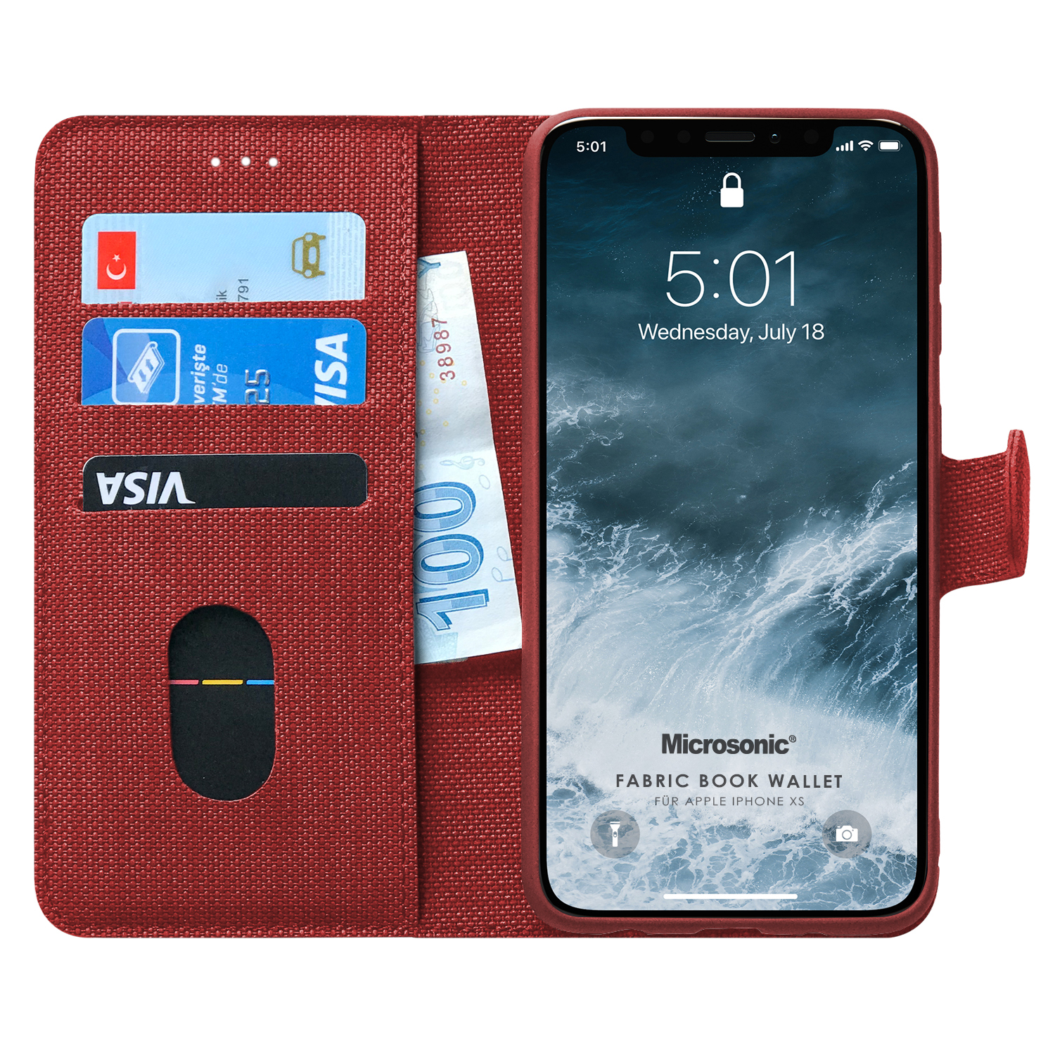 Microsonic Apple iPhone XS Kılıf Fabric Book Wallet Kırmızı