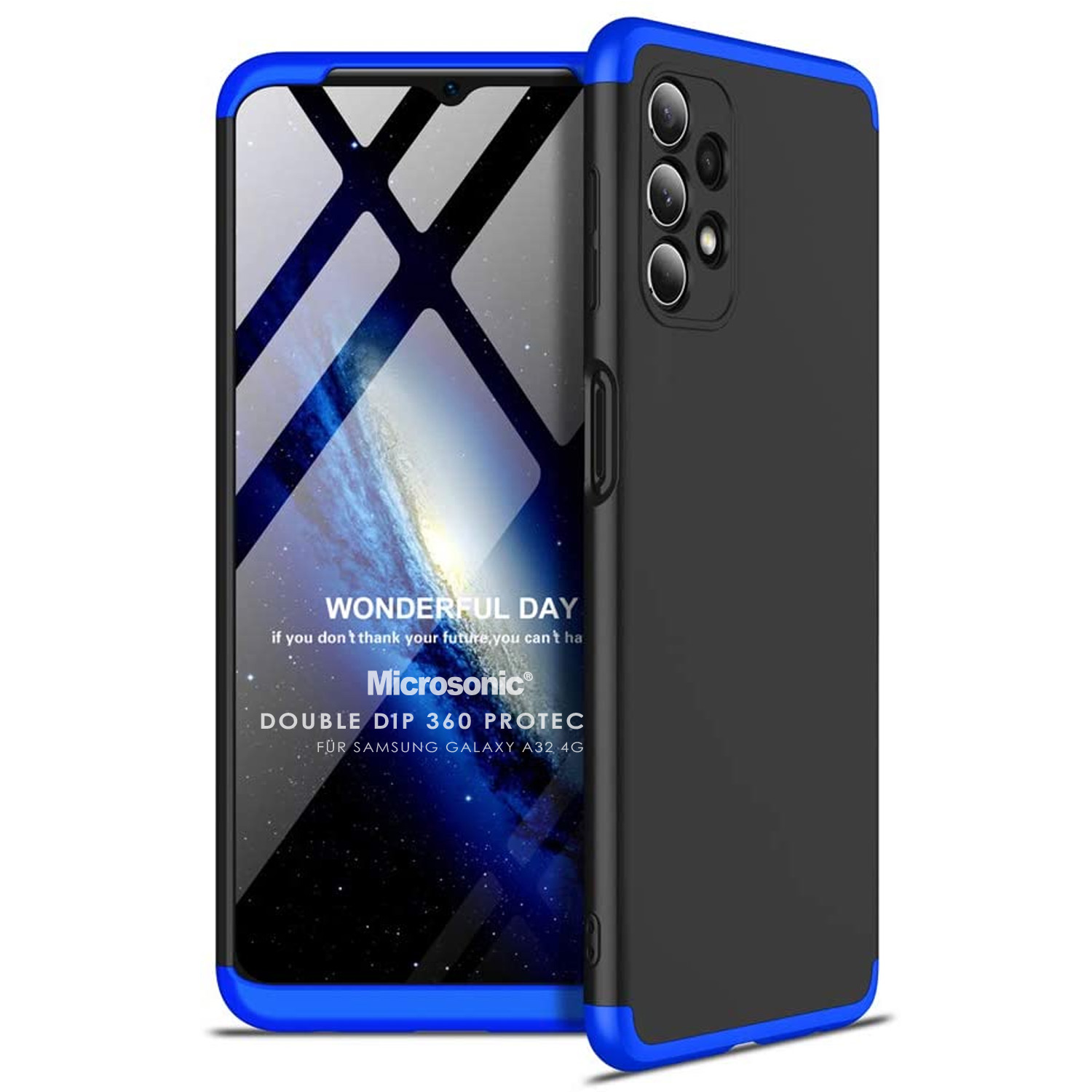 Microsonic Samsung Galaxy A32 4G Kılıf Double Dip 360 Protective Siyah Mavi