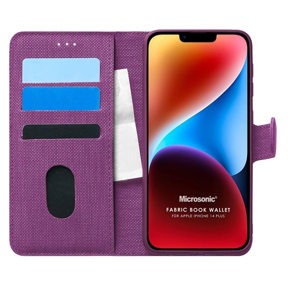 Microsonic Apple iPhone 14 Plus Kılıf Fabric Book Wallet Mor 1