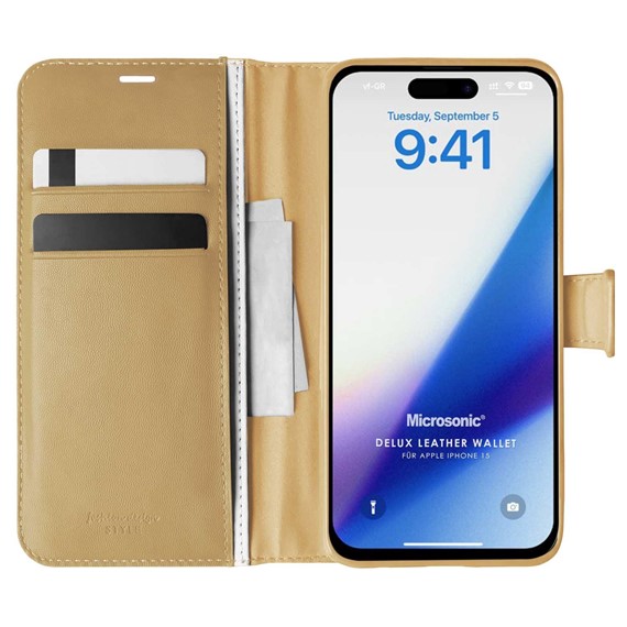 Microsonic Apple iPhone 15 Kılıf Delux Leather Wallet Gold 1