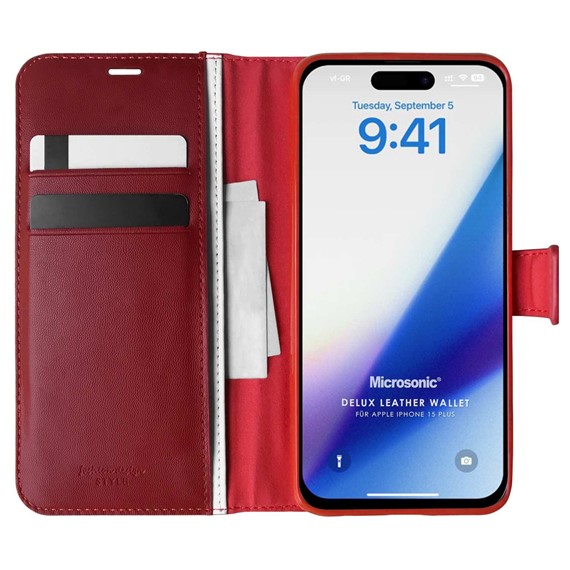 Microsonic Apple iPhone 15 Plus Kılıf Delux Leather Wallet Kırmızı 1