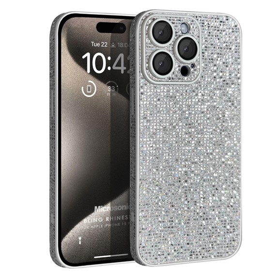 Microsonic Apple iPhone 15 Pro Kılıf Bling Rhinestones Gümüş 1