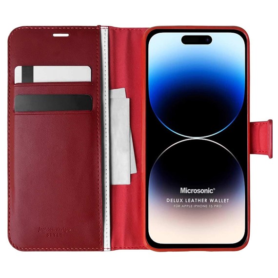 Microsonic Apple iPhone 15 Pro Kılıf Delux Leather Wallet Kırmızı 1