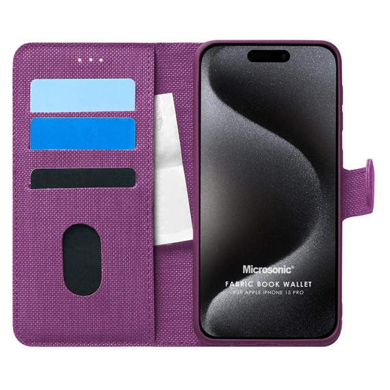 Microsonic Apple iPhone 15 Pro Kılıf Fabric Book Wallet Mor 1