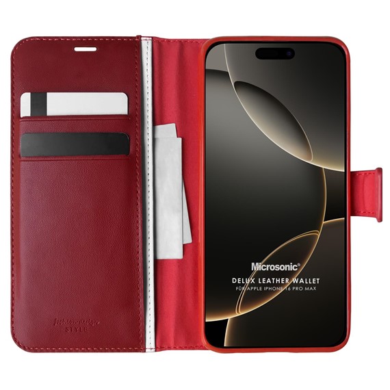 Microsonic Apple iPhone 16 Pro Max Kılıf Delux Leather Wallet Kırmızı 1