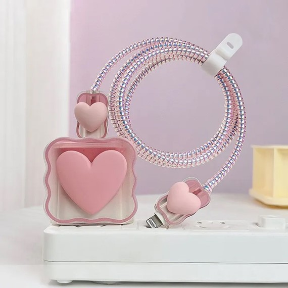 Microsonic Apple iPhone Kablo Koruyucu ve Şarj Adaptör Kılıf Süslü Kalp Desenli Pembe 2