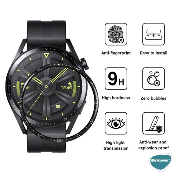 Microsonic Huawei Watch GT3 46mm Tam Kaplayan Temperli Cam Full Ekran Koruyucu Siyah 2
