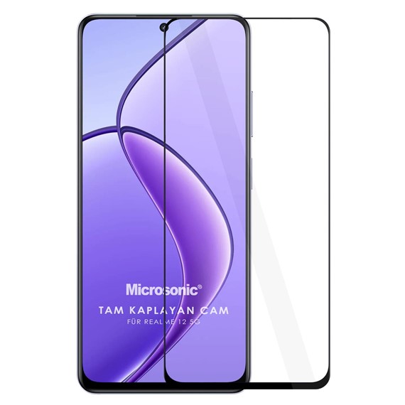 Microsonic Realme 12 5G Tam Kaplayan Temperli Cam Ekran Koruyucu Siyah 1