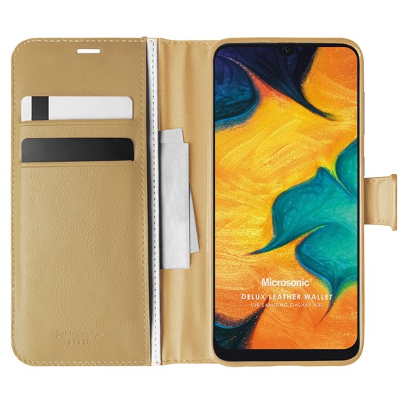 Microsonic Samsung Galaxy A30 Kılıf Delux Leather Wallet Gold 1