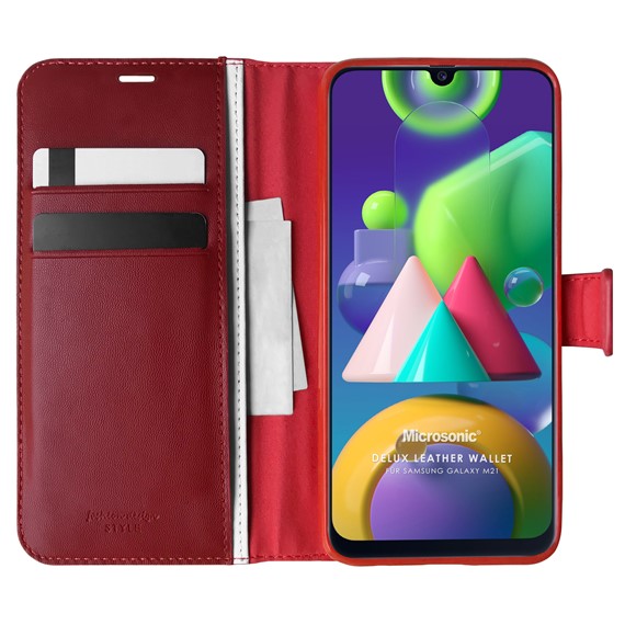 Microsonic Samsung Galaxy M21 Kılıf Delux Leather Wallet Kırmızı 1