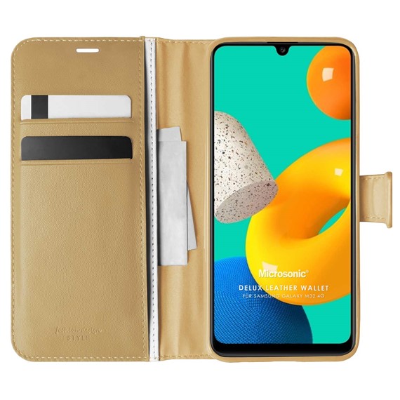 Microsonic Samsung Galaxy M32 4G Kılıf Delux Leather Wallet Gold 1