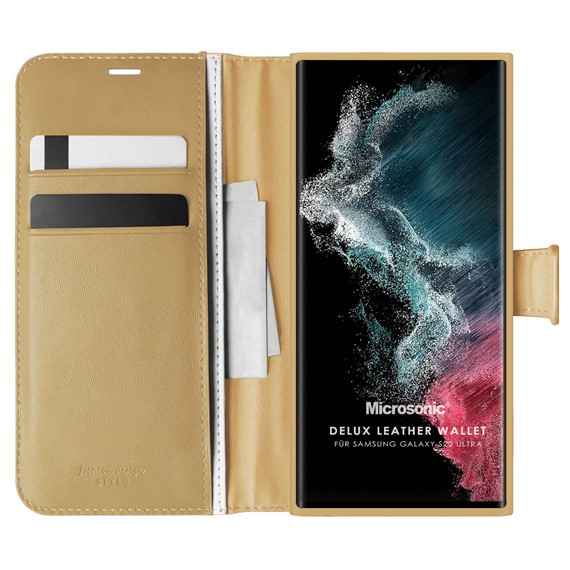 Microsonic Samsung Galaxy S22 Ultra Kılıf Delux Leather Wallet Gold 1