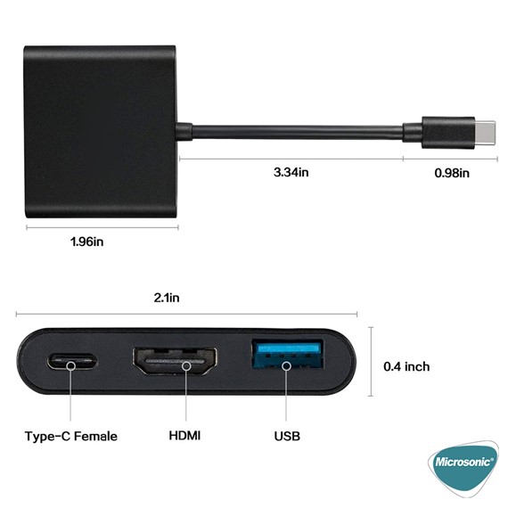 Microsonic Type-C to HDTV Multi-Adapter 3 in 1 HDMI USB Type-C Macbook Kablo Adaptör Siyah 3