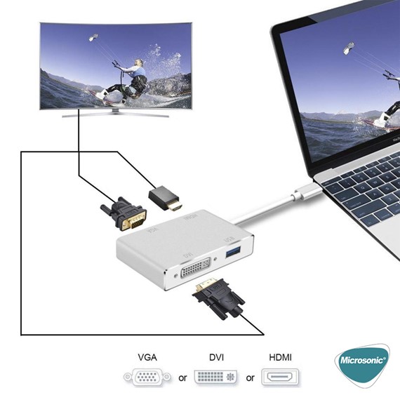 Microsonic Type-C to VGA DVI HDMI USB Adapter 4 in 1 Type-C Dönüştürücü Adaptör Kablo Gri 4