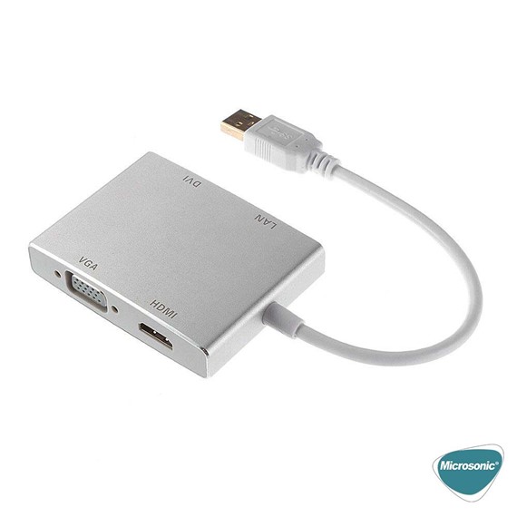 Microsonic USB 3 0 to VGA HDMI LAN DVI Adapter 4 in 1 USB Dönüştürücü Adaptör Kablo Gri 3