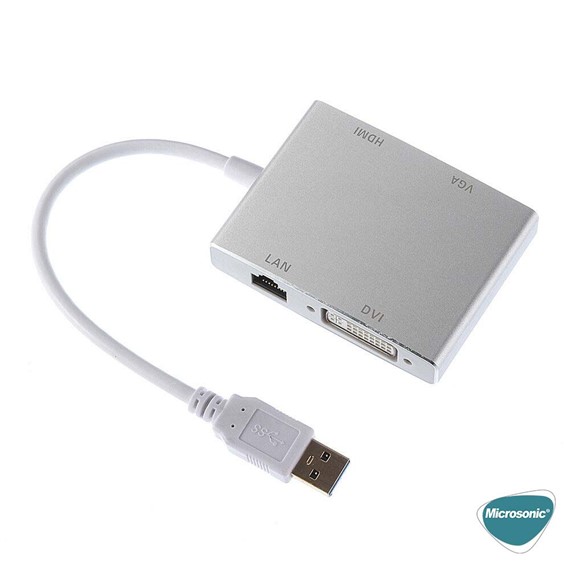 Microsonic USB 3 0 to VGA HDMI LAN DVI Adapter 4 in 1 USB Dönüştürücü Adaptör Kablo Gri 4