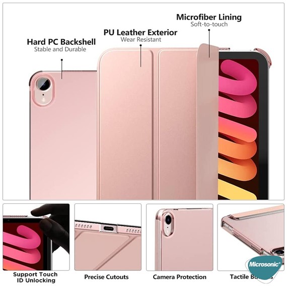 Microsonic Apple iPad Mini 6 2021 A2567-A2568-A2569 Smart Case ve arka Kılıf Rose Gold 3