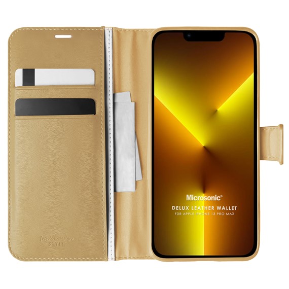 Microsonic Apple iPhone 13 Pro Max Kılıf Delux Leather Wallet Gold 1