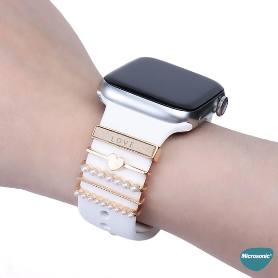 Microsonic Apple Watch SE 2022 44mm Kordon Süsü Charm İnci Kalp Gümüş 5