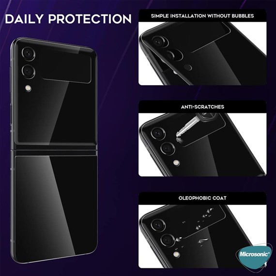 Microsonic Samsung Galaxy Z Flip 3 Arka Tam Kaplayan Temperli Cam Koruyucu Mor 4
