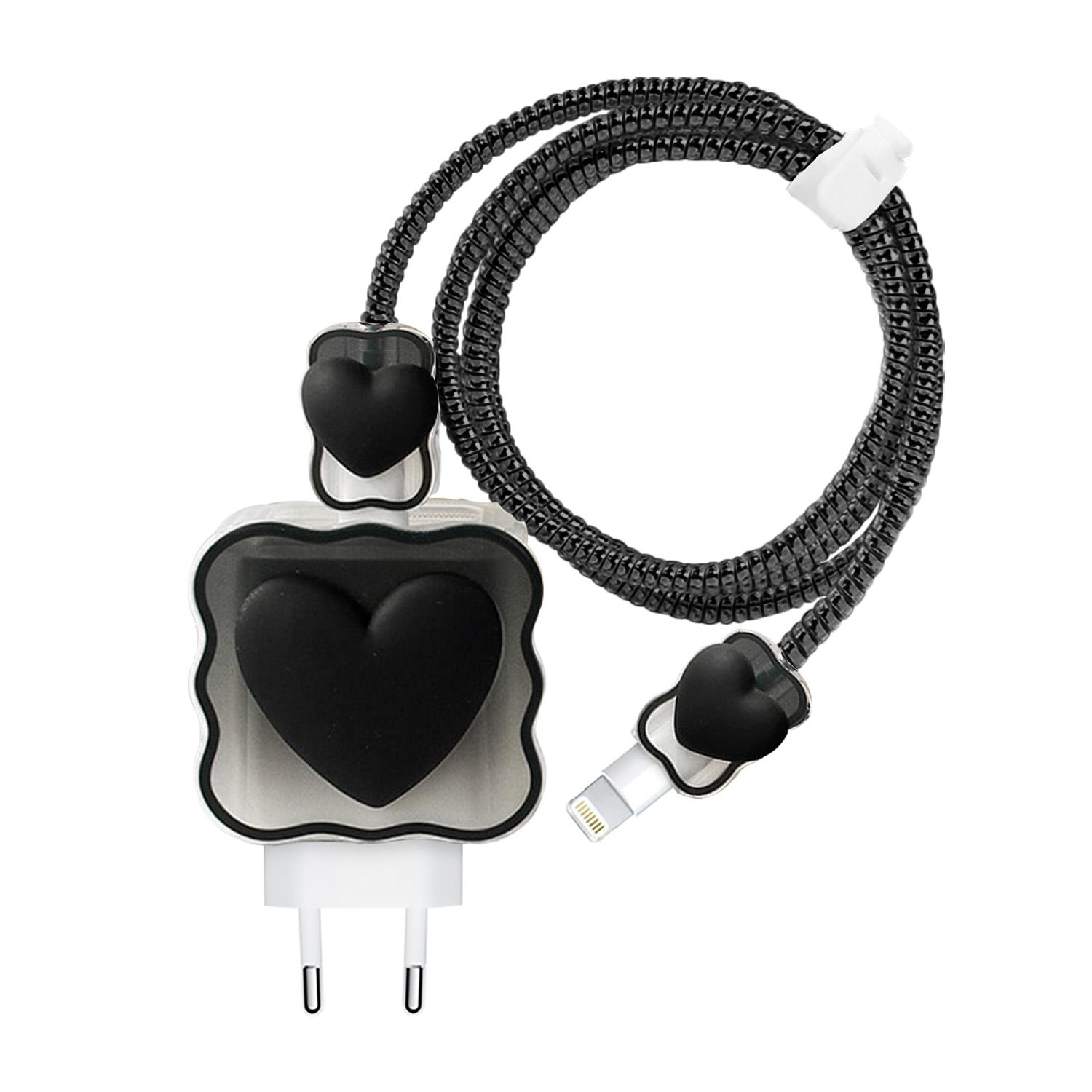 Microsonic Apple iPhone Kablo Koruyucu ve Şarj Adaptör Kılıf Süslü Kalp Desenli Siyah