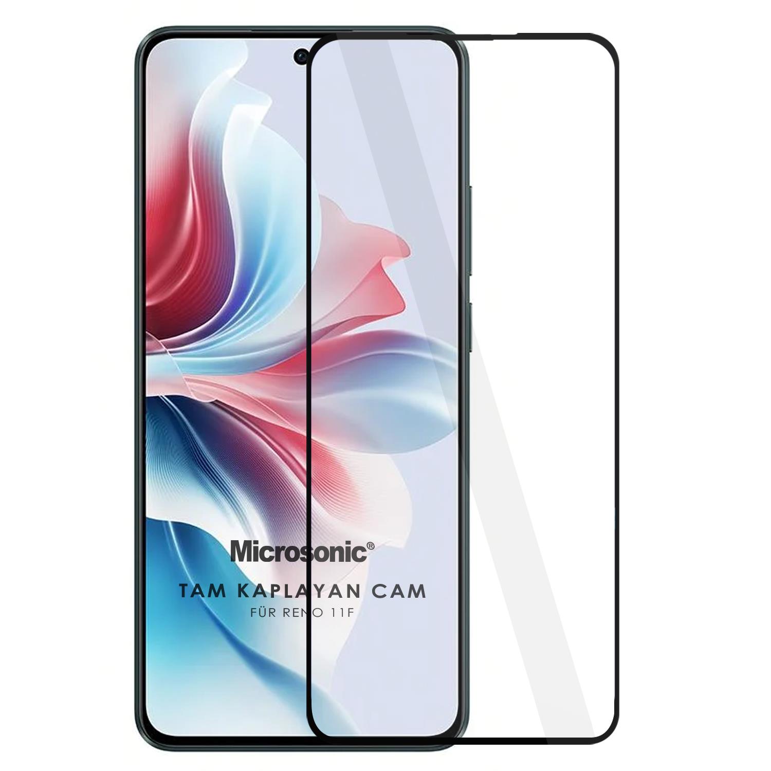 Microsonic Oppo Reno 11F Tam Kaplayan Temperli Cam Ekran Koruyucu Siyah