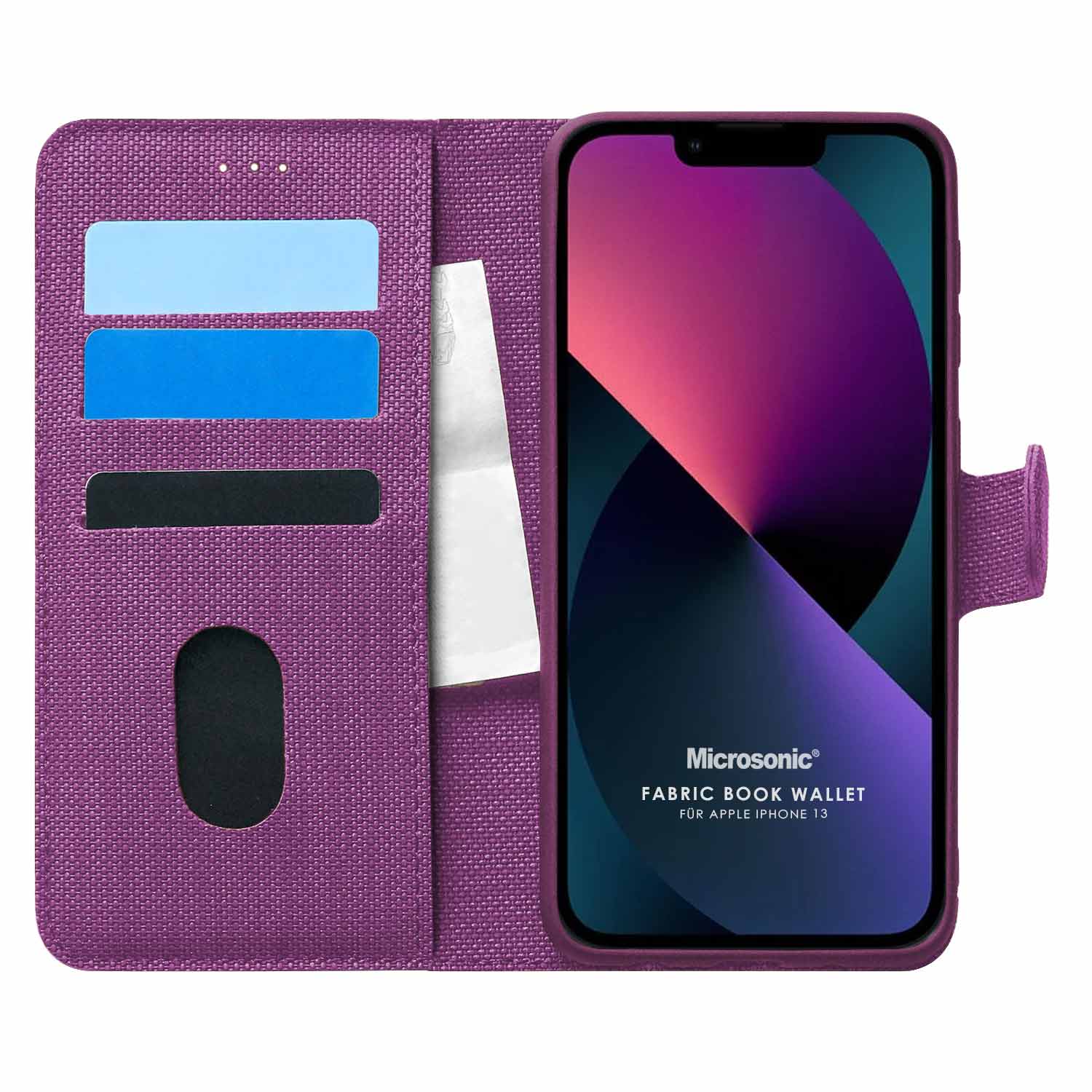 Microsonic Appple iPhone 13 Kılıf Fabric Book Wallet Mor